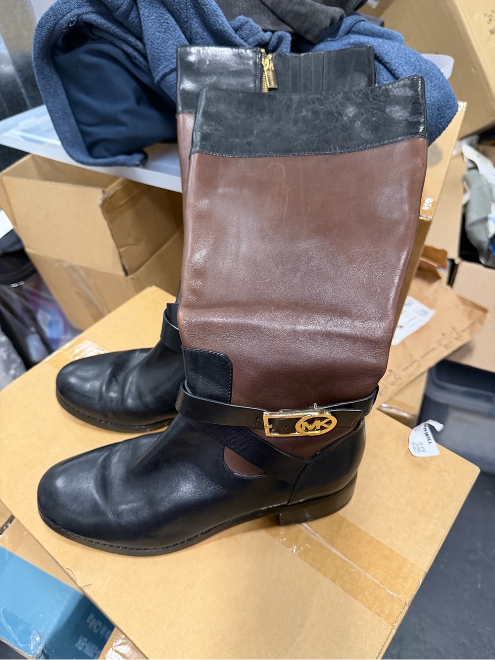 Michael Kors Black and Brown Leather Mid-Calf Riding Boots with Gold MK Hardware